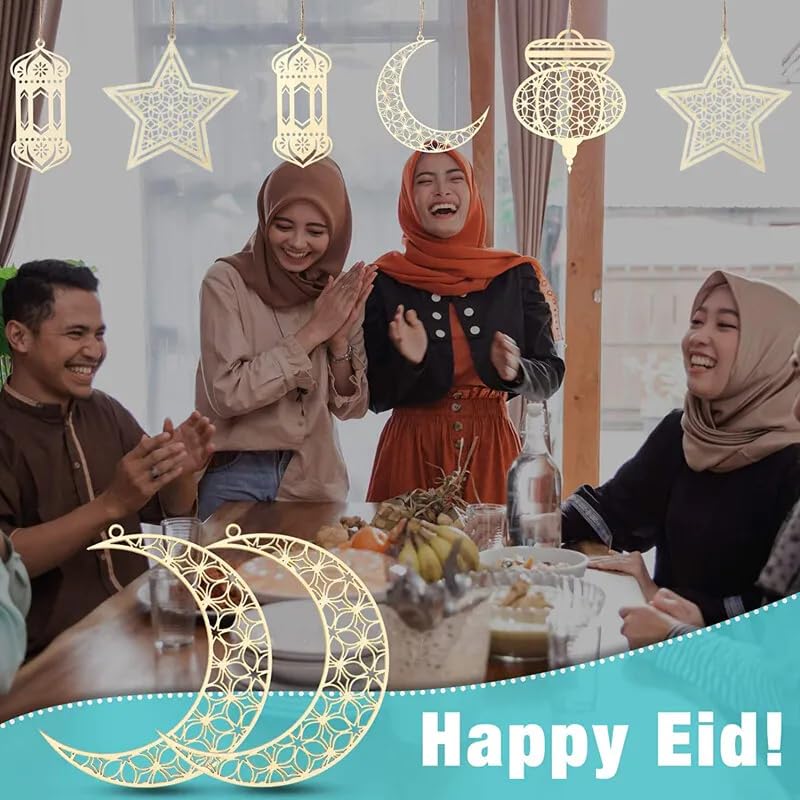 Group of people celebrating together with 'Happy Eid!' text and decorative elements.