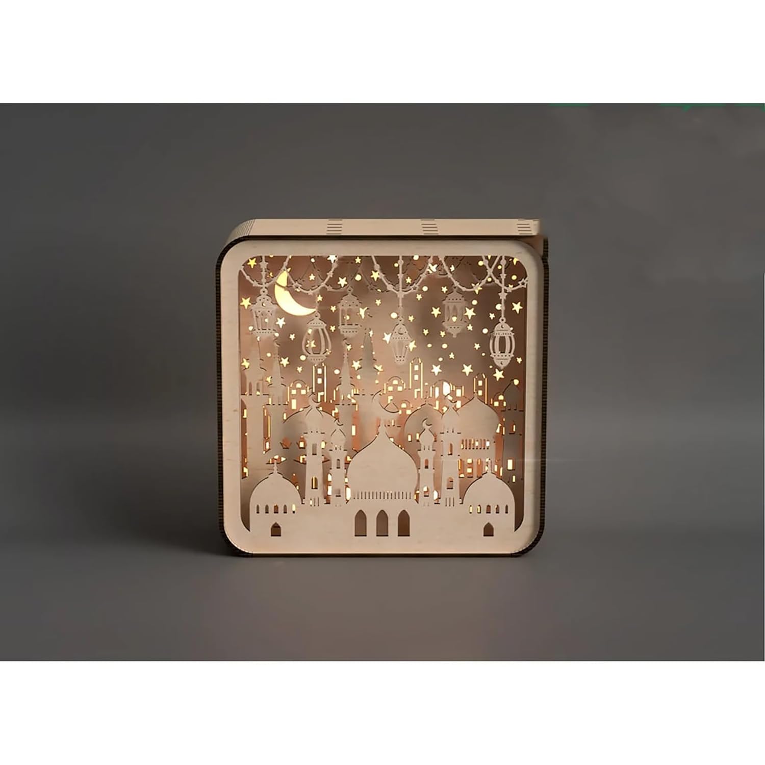 Wooden decorative light box with architectural design on a dark background
