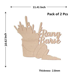 Wooden boot decoration with 'Rang Barse' text and measurements on a white background