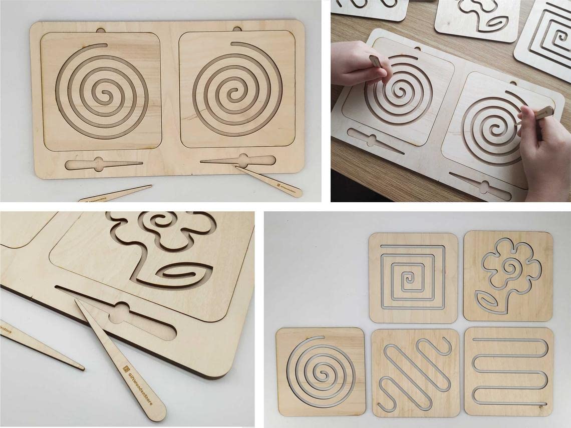 Collage of wooden templates with cut-out shapes and tools on a light background.