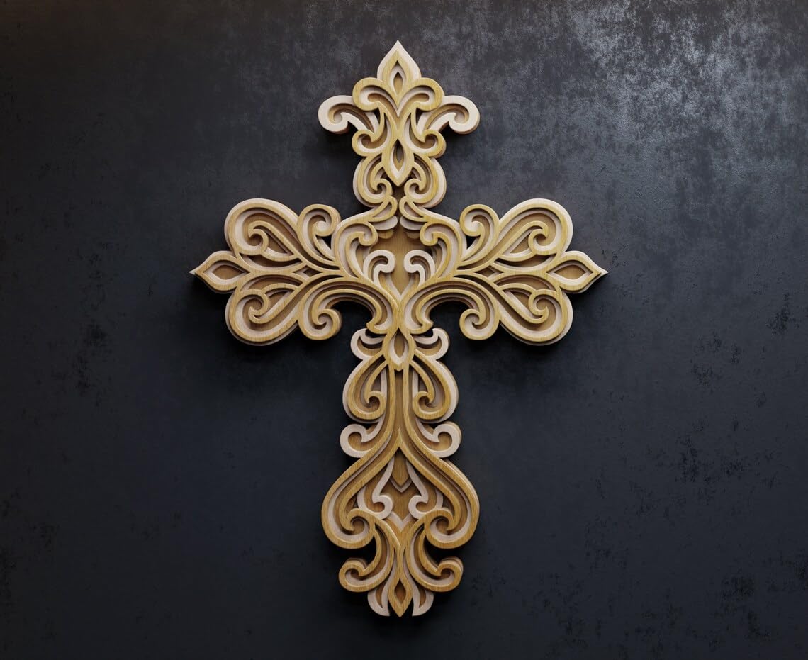 Decorative cross with intricate patterns on a dark background