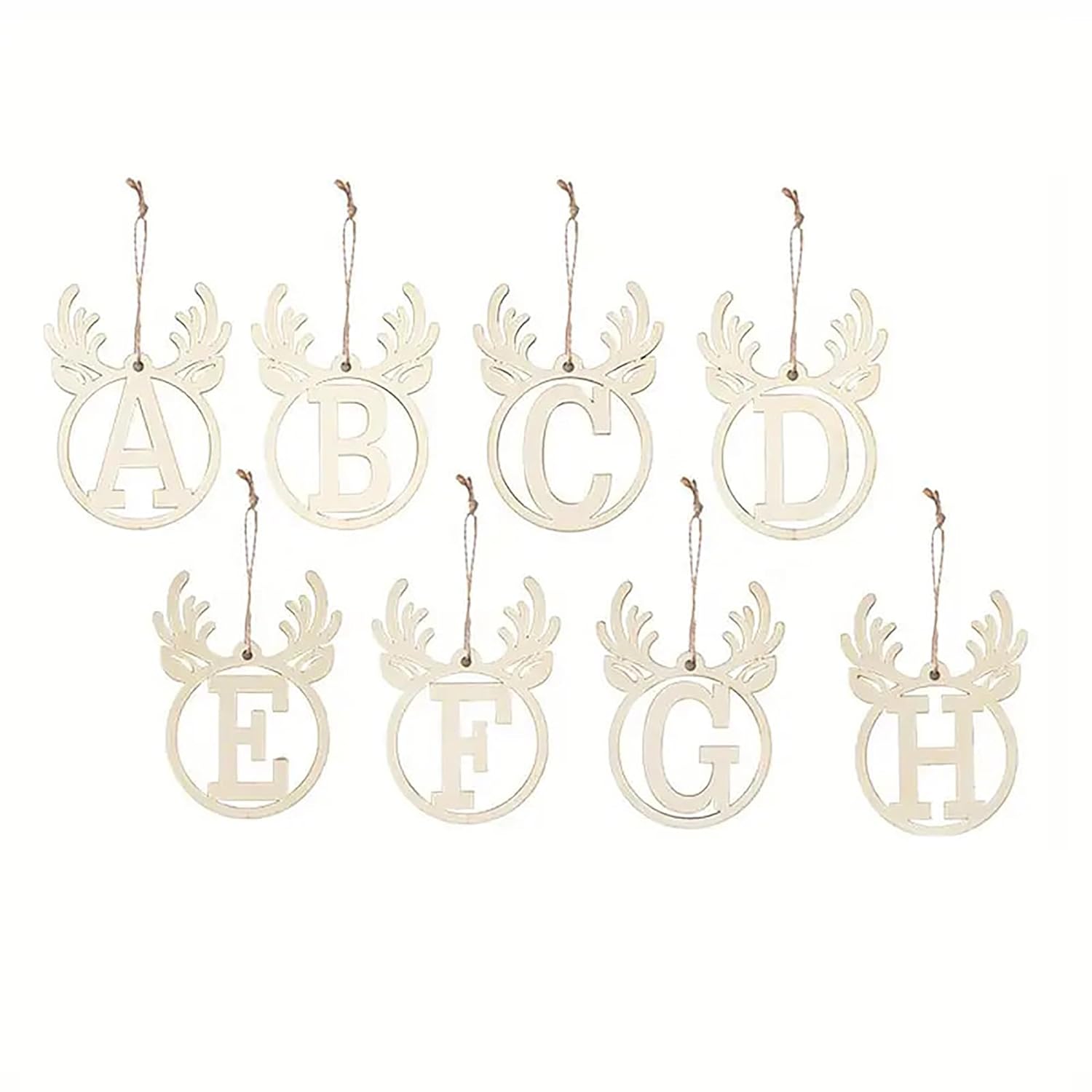 Decorative hanging letters with antler designs on a white background