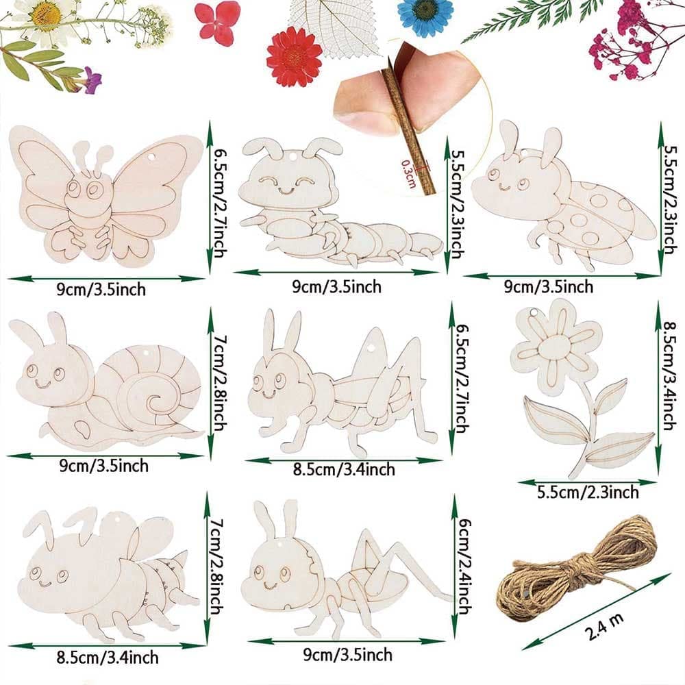 Wooden insect toys with measurements and a hand holding a pencil.