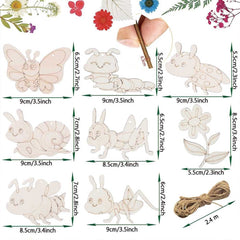 Wooden insect toys with measurements and a hand holding a pencil.