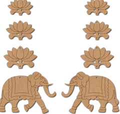 Wooden cutouts of elephants and lotus flowers on a white background