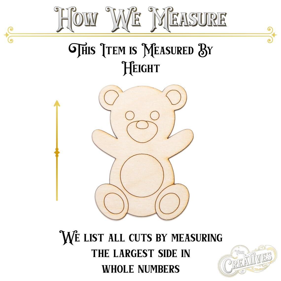 Wooden bear shape with measurement text on a white background