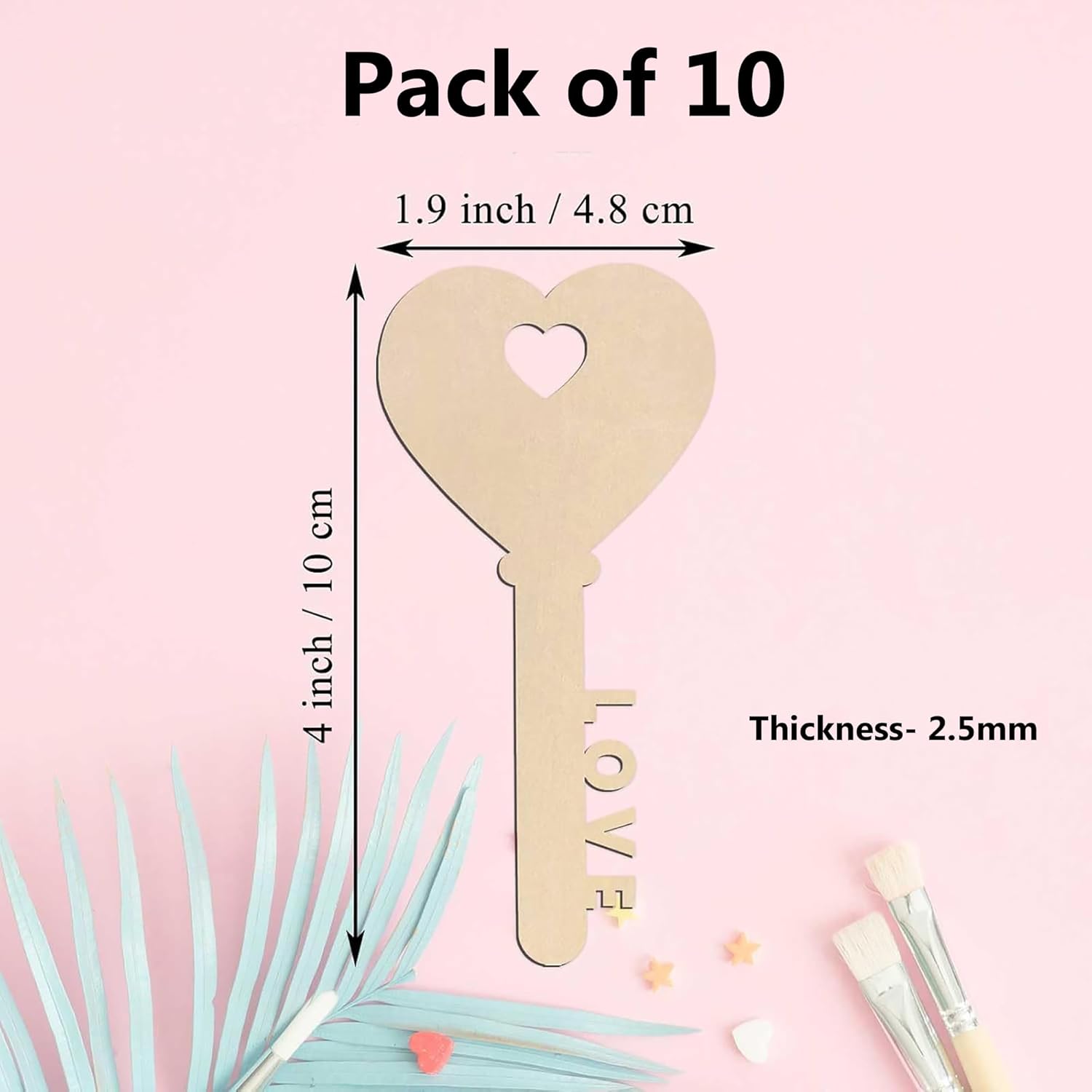 Heart-shaped wooden cutout with 'LOVE' engraving, measurements, and packaging details on a pink background.