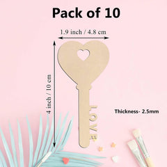 Heart-shaped wooden cutout with 'LOVE' engraving, measurements, and packaging details on a pink background.