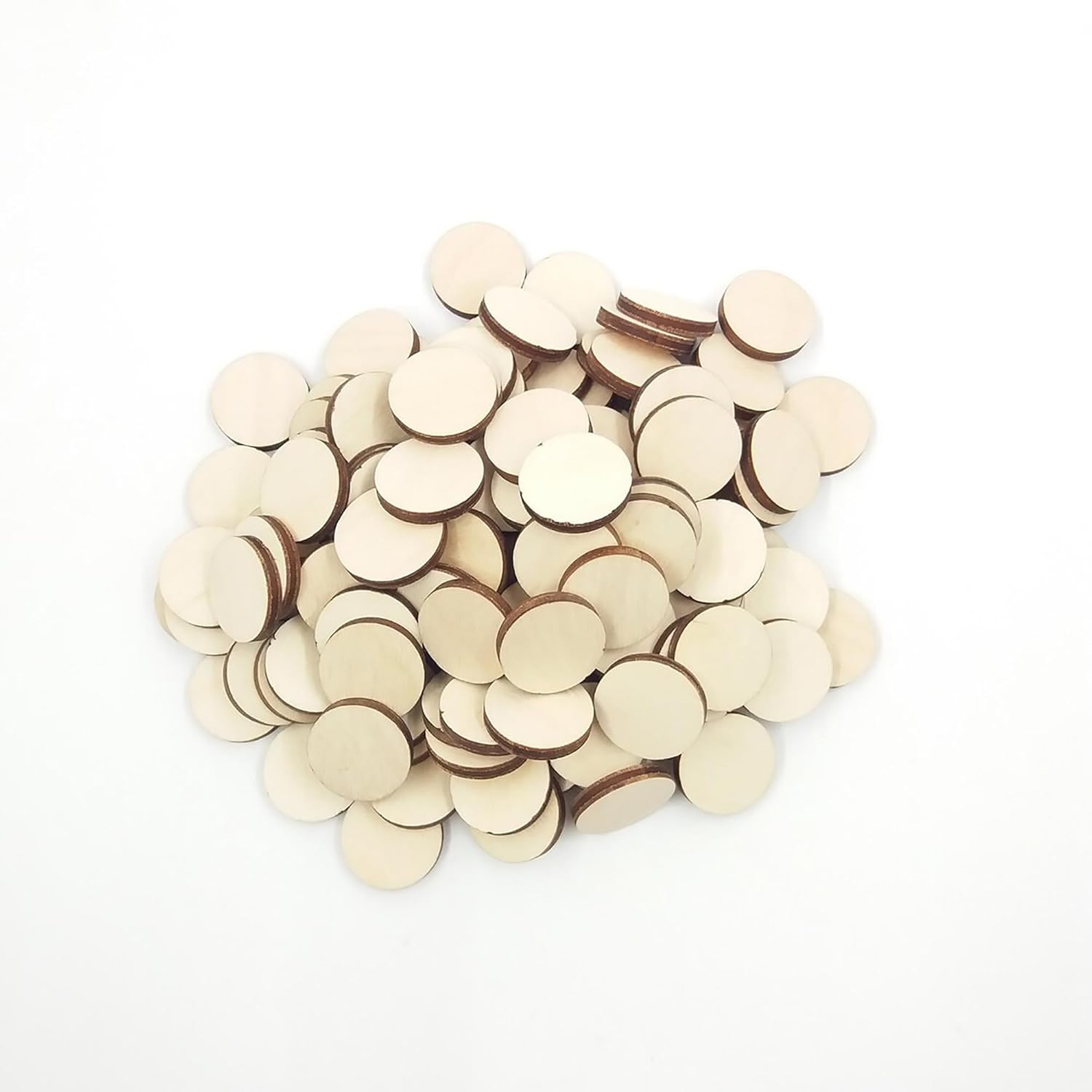 Stack of wooden discs on a white background
