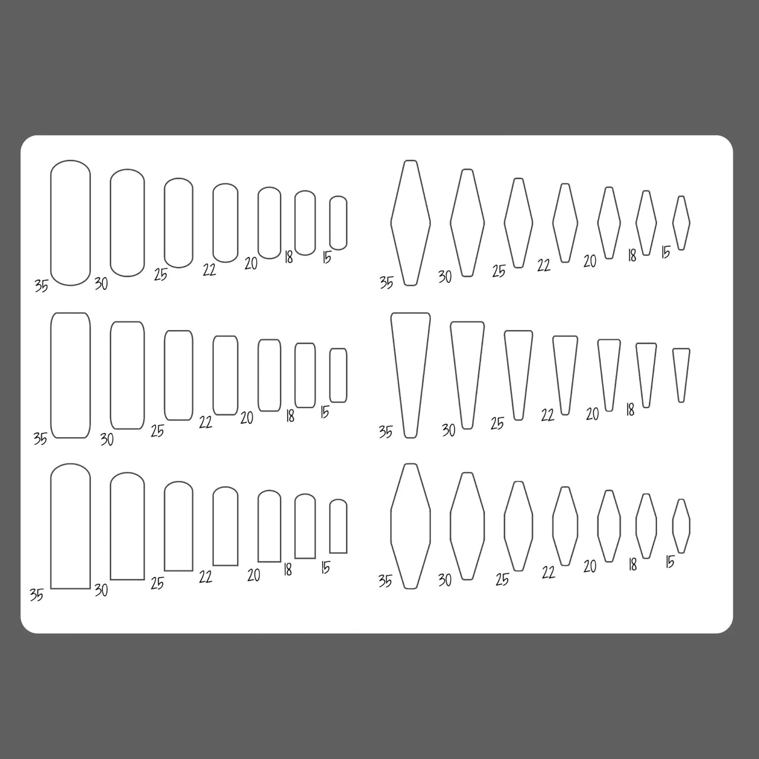 Stencil with various geometric shapes and measurements on a gray background