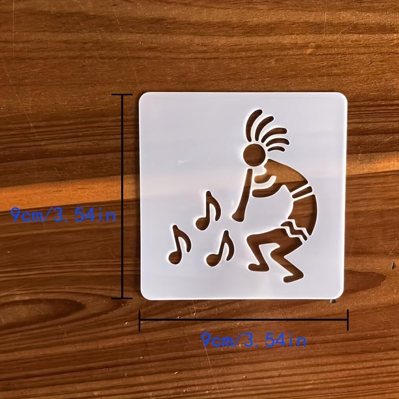 Square stencil with a design of a figure and musical notes on a wooden surface