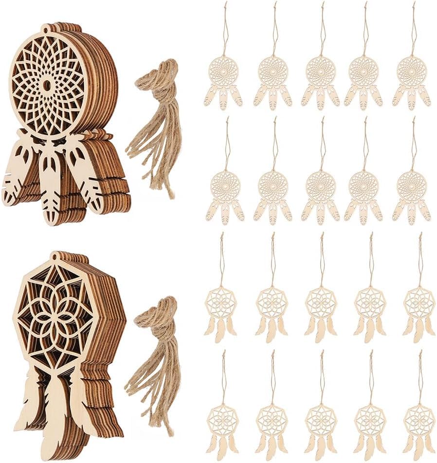 Wooden dreamcatcher models and string on a white background