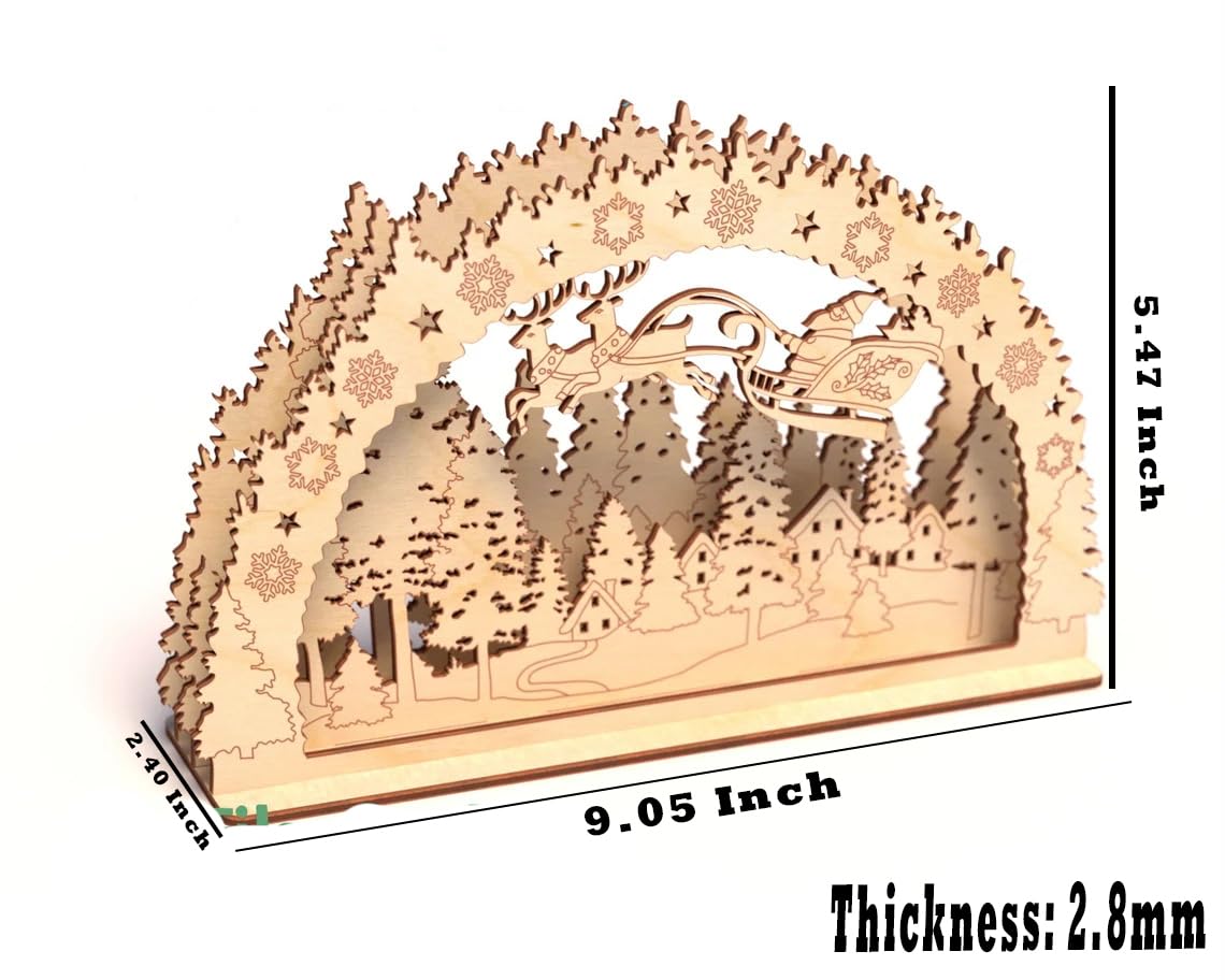 Wooden arch with laser-cut design of a dragon and trees, with measurements indicated.