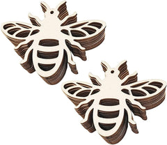 Two wooden bee-shaped cutouts on a white background