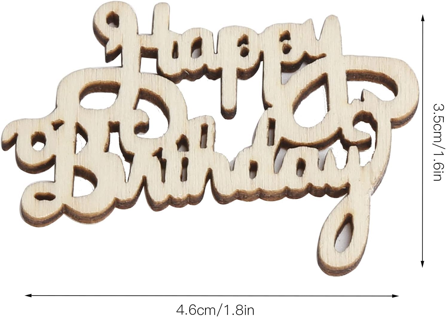 Wooden 'Happy Birthday' decoration with measurements on a white background