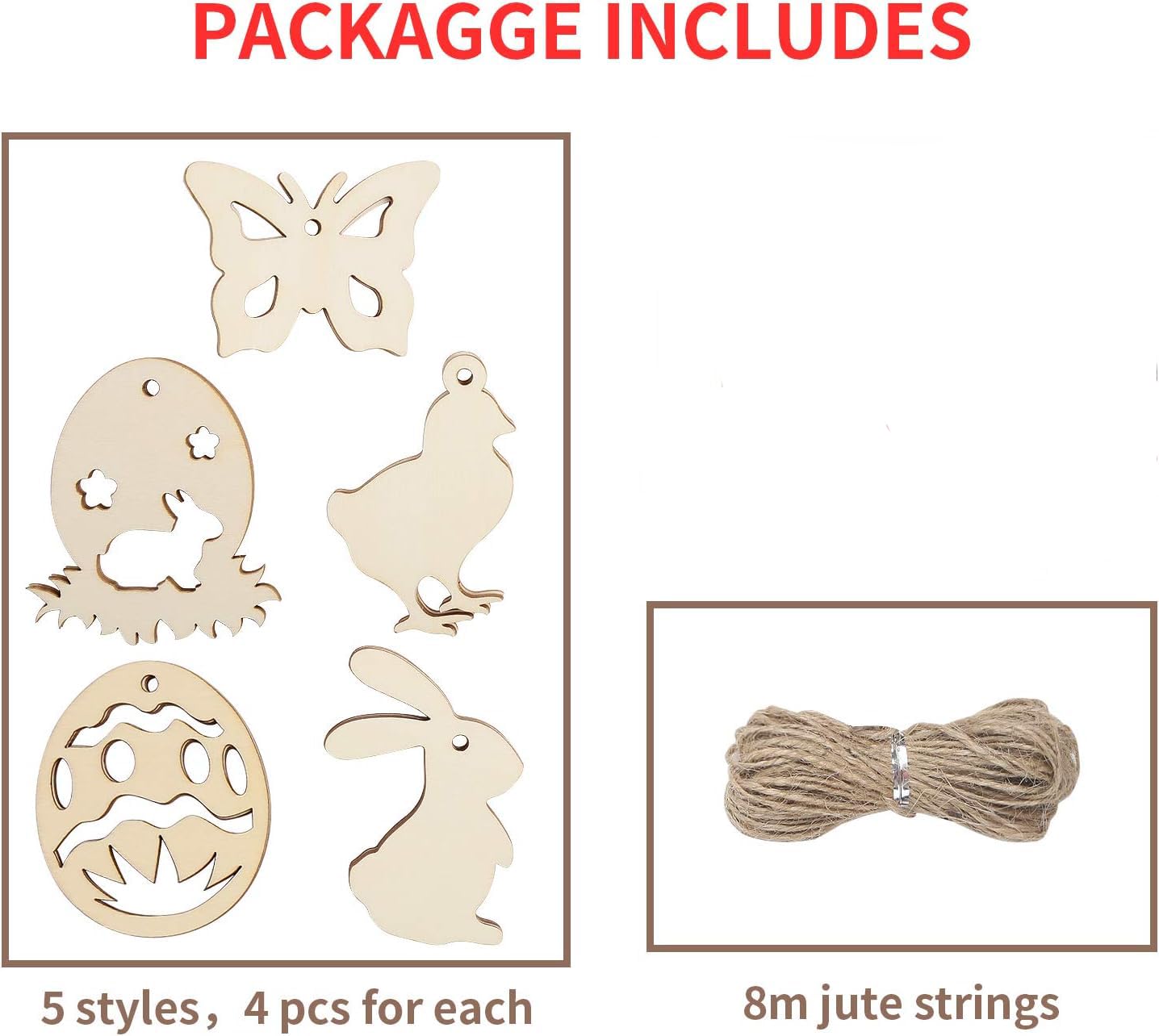 Wooden butterfly, egg, duck, and rabbit shapes with jute strings on a white background.