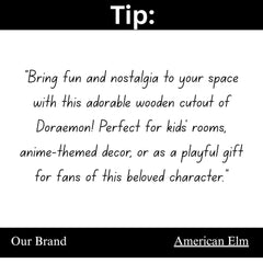 Text tip about Doraemon wooden cutout for decor, with 'American Elm' branding.