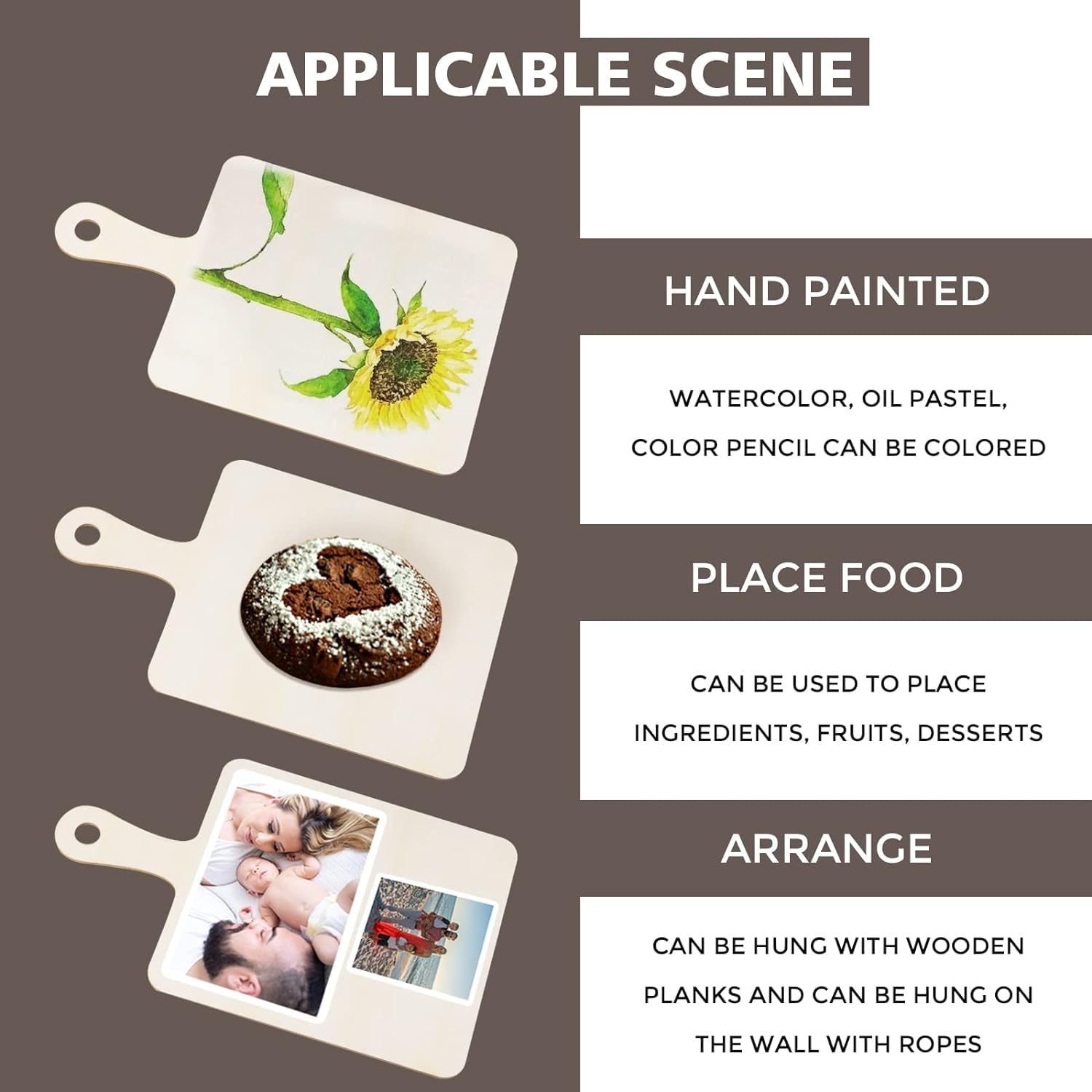 Three cutting boards with painted designs on a gray background, featuring text on hand painting and usage.