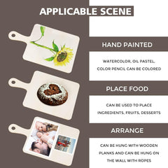 Three cutting boards with painted designs on a gray background, featuring text on hand painting and usage.