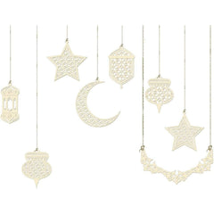 Cliths Set of 8 Ramadan Wooden Decorations Crescent Moon, Star & Lantern Eid Mubarak Hanging Ornaments