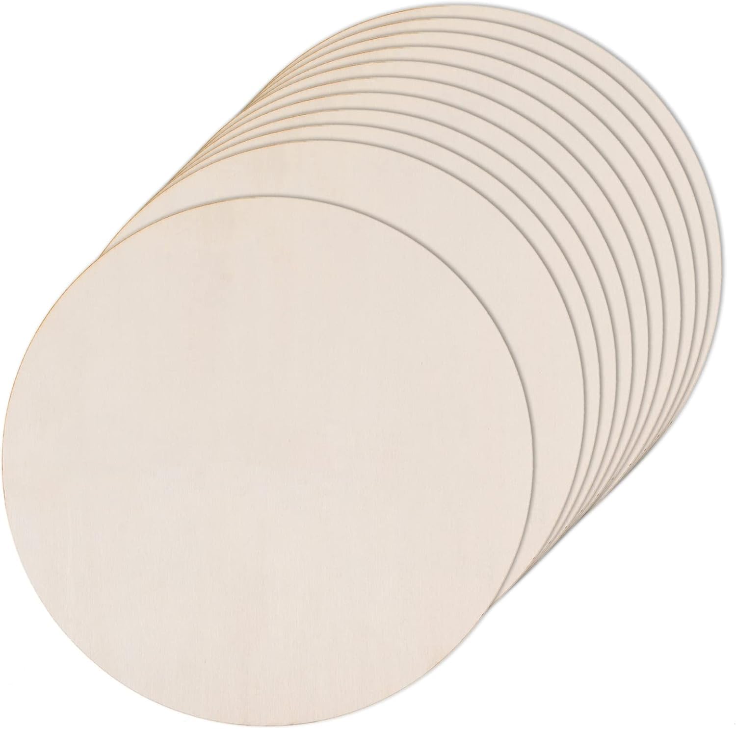 Stack of beige round paper plates on a white background