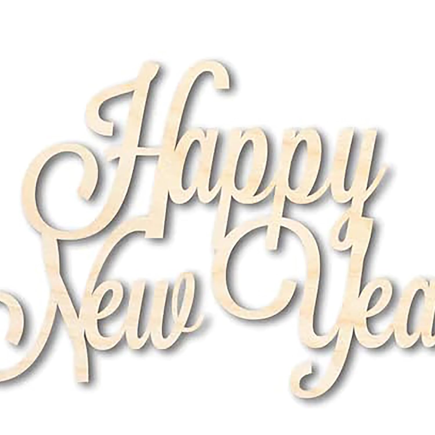 Wooden 'Happy New Year' decoration on a white background