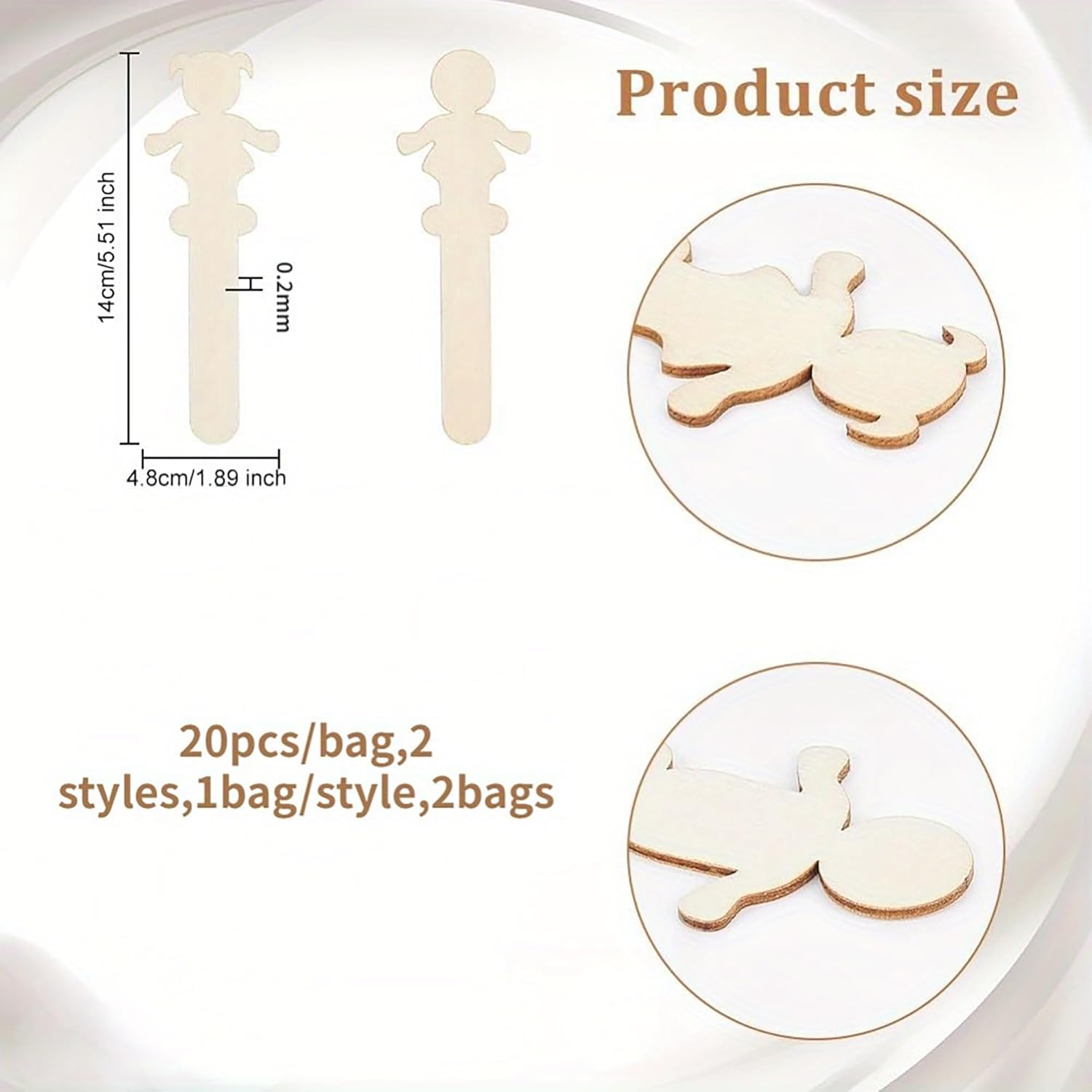 Product size chart with wooden bear shapes and dimensions on a white background