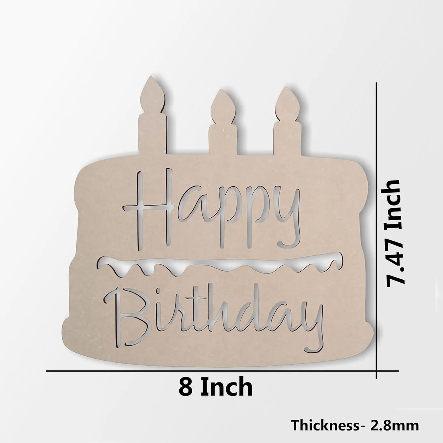 Wooden birthday cake decoration with 'Happy Birthday' text and candles, showing dimensions on a white background.