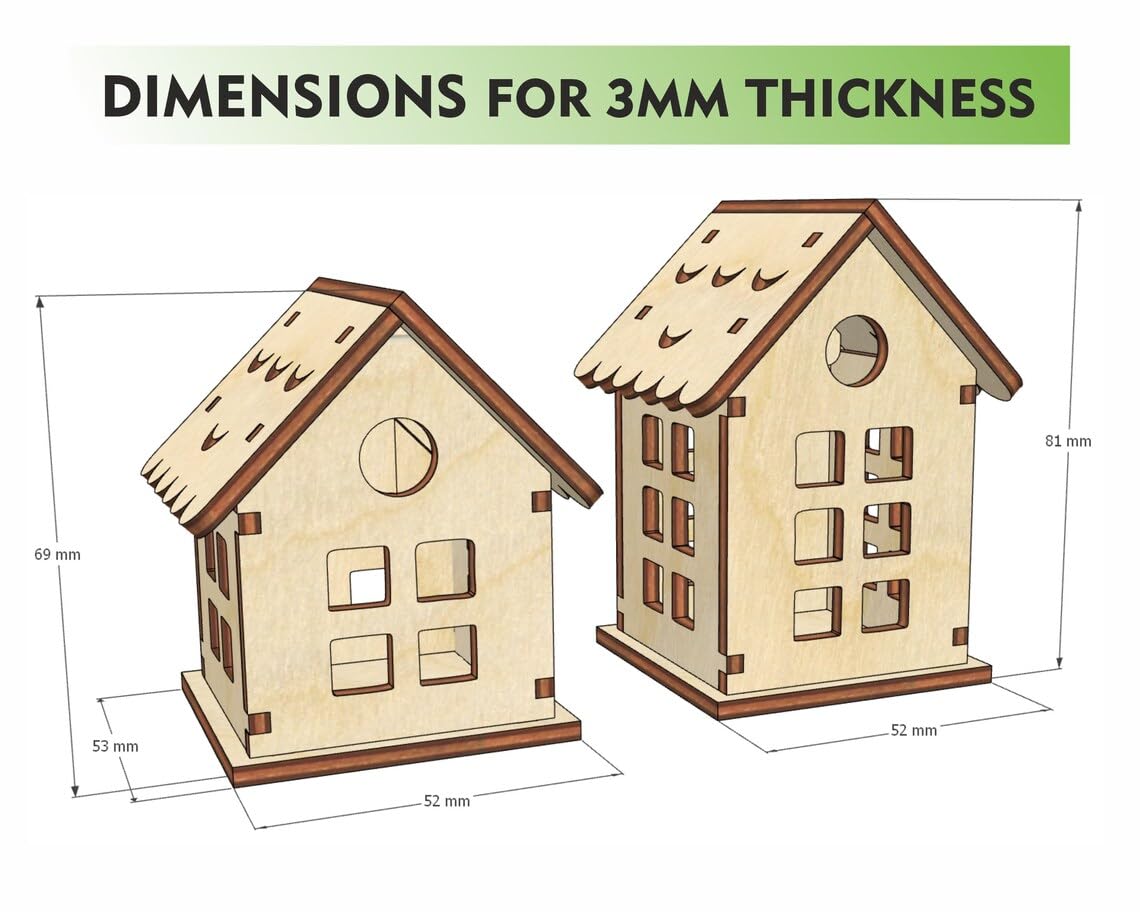 Dimensions of two wooden house models with measurements indicated.