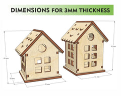 Dimensions of two wooden house models with measurements indicated.