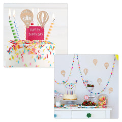 Two birthday-themed cards with cake and balloon designs on a white background.