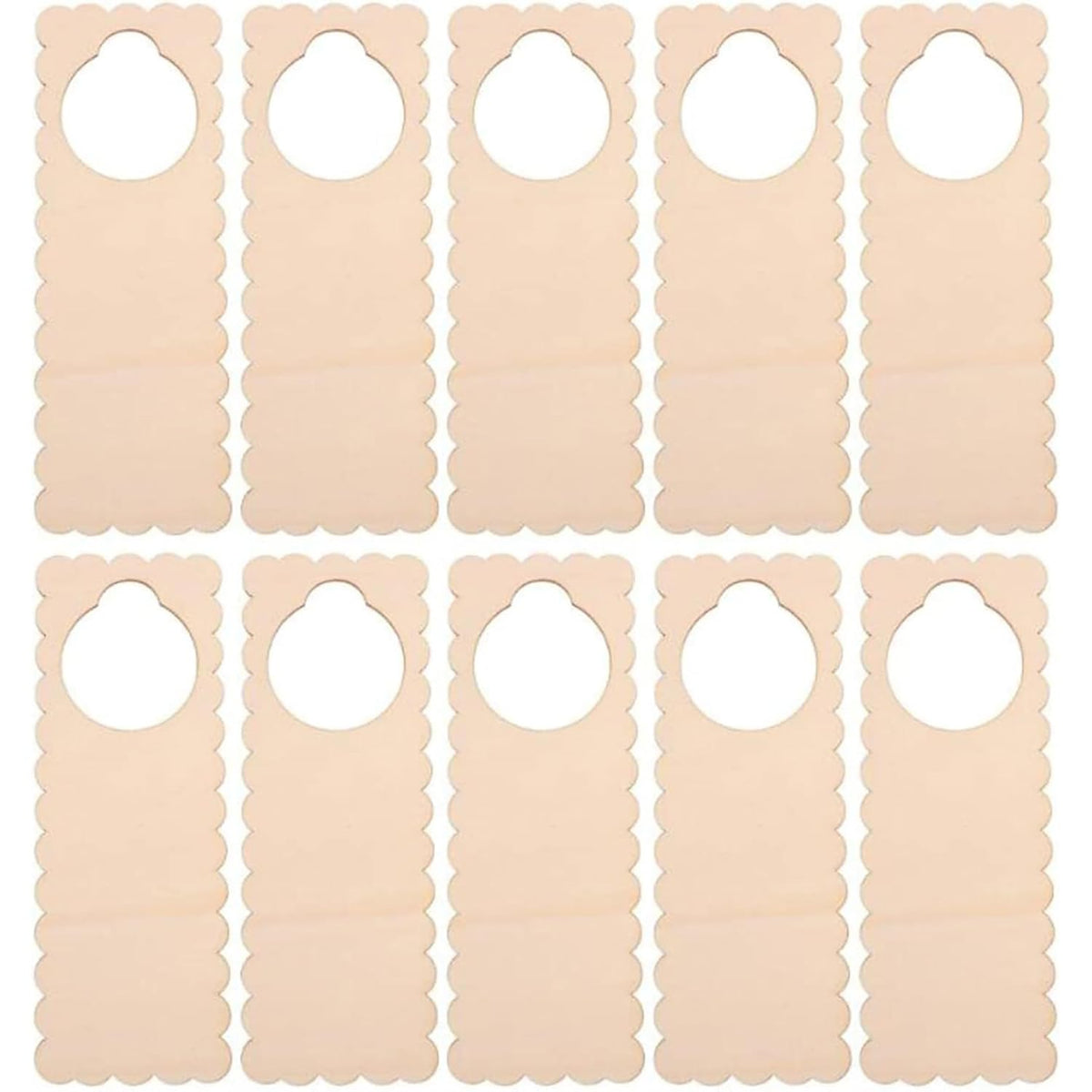 Nine beige fabric strips with scalloped edges on a white background