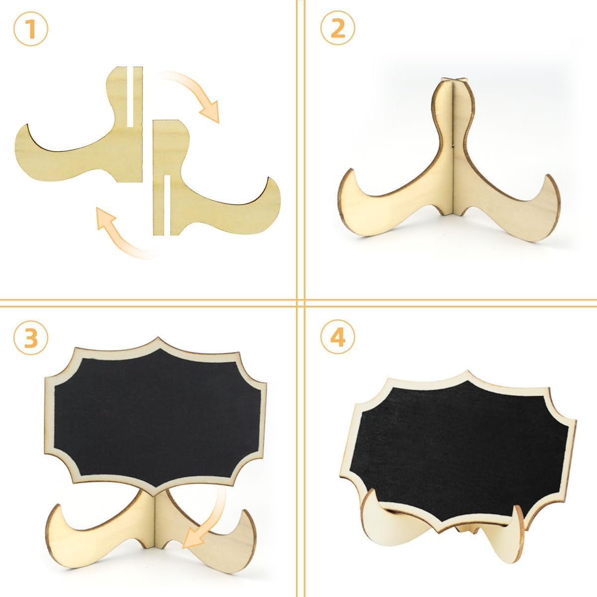 Gold metal stand with black chalkboard surface on a white background