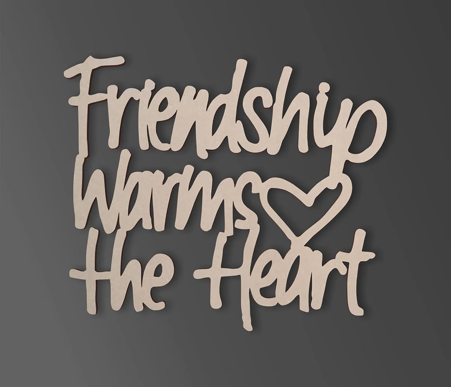 Decorative wooden sign with 'Friendship warms the heart' text on a dark background