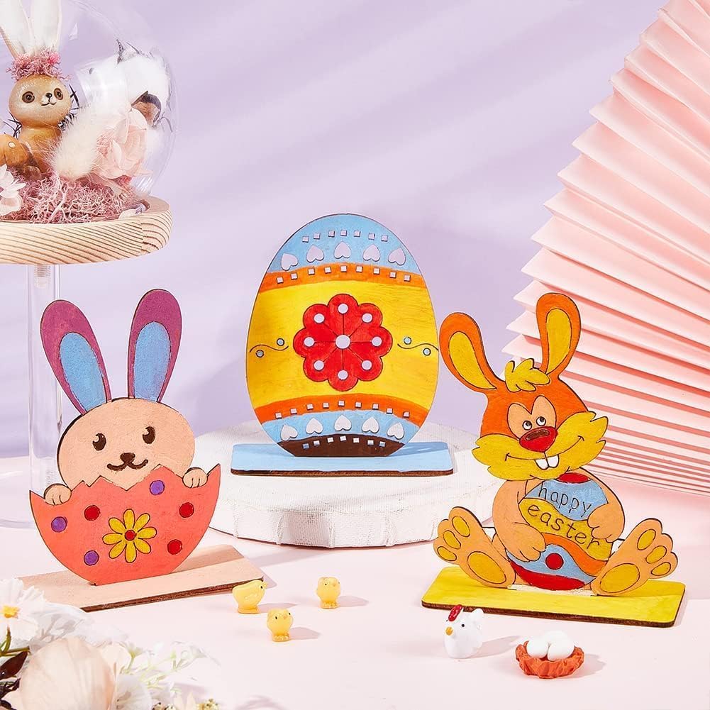 Colorful Easter-themed decorations including a rabbit and egg on a light background