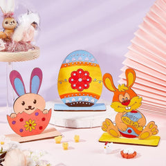 Colorful Easter-themed decorations including a rabbit and egg on a light background