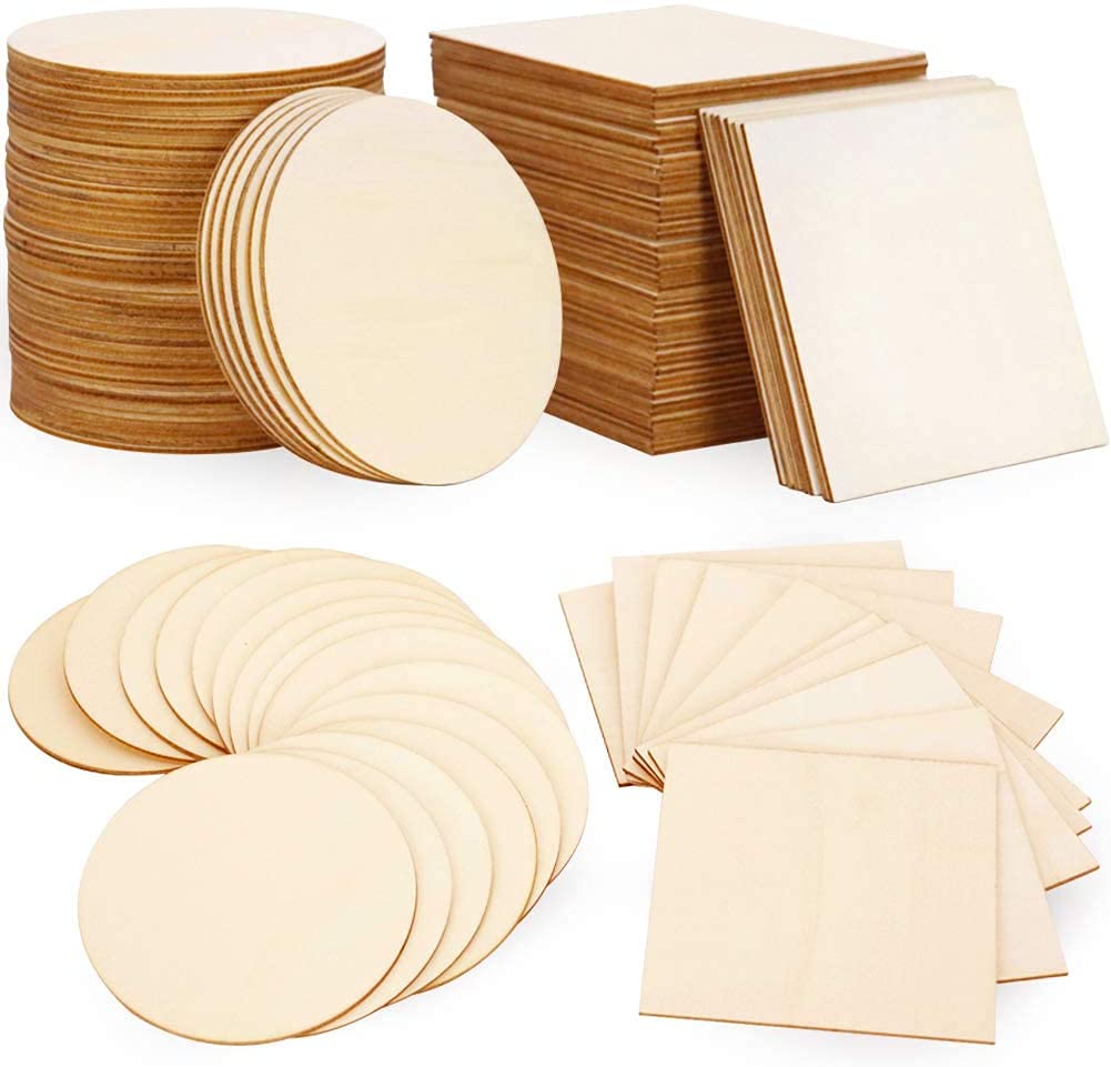American Elm 100 Pcs Wood Chips Square & Round MDF Blanks for DIY Crafts, Coasters, and Home Decor