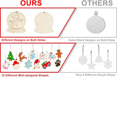 Comparison of Christmas ornaments with different designs on both sides versus plain ones.