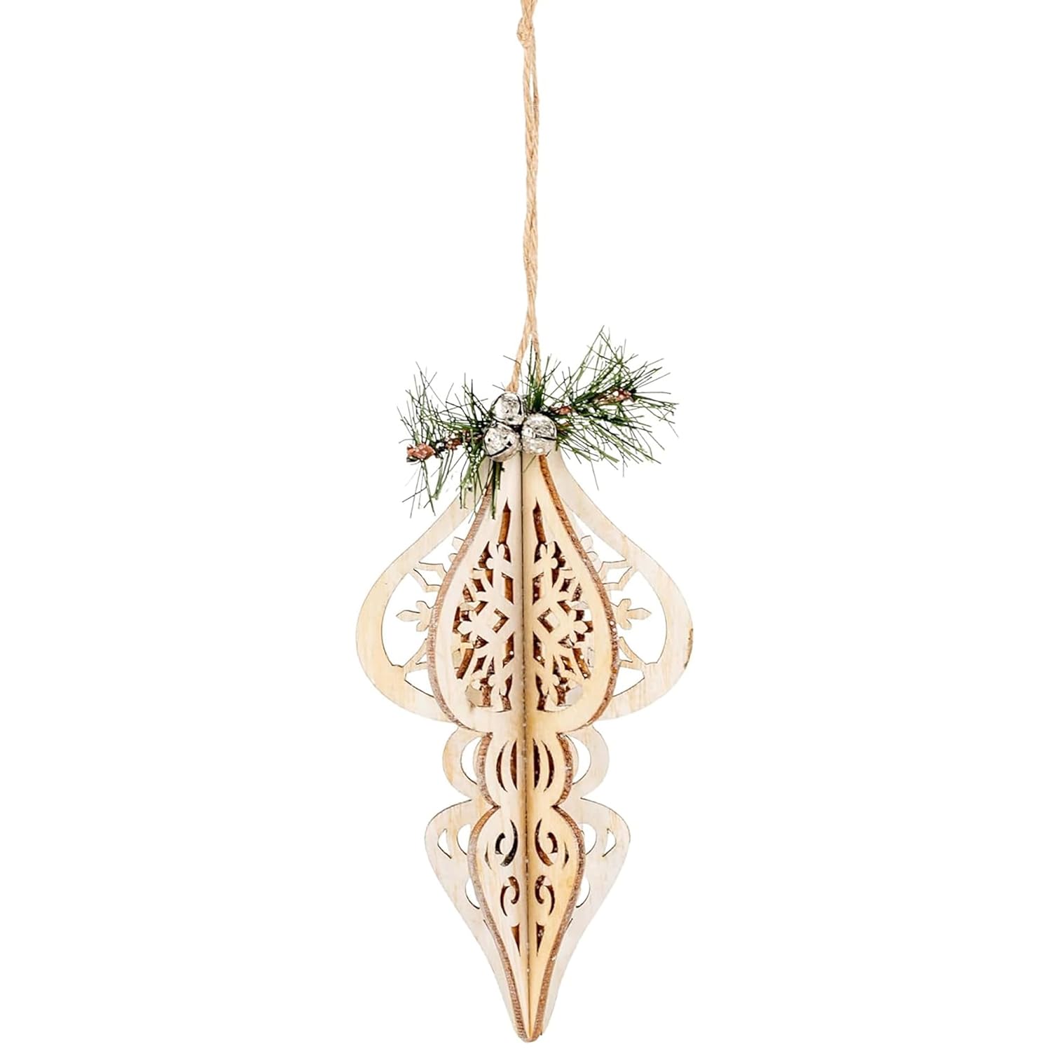 Decorative wooden hanging ornament with intricate cut-out patterns on a white background