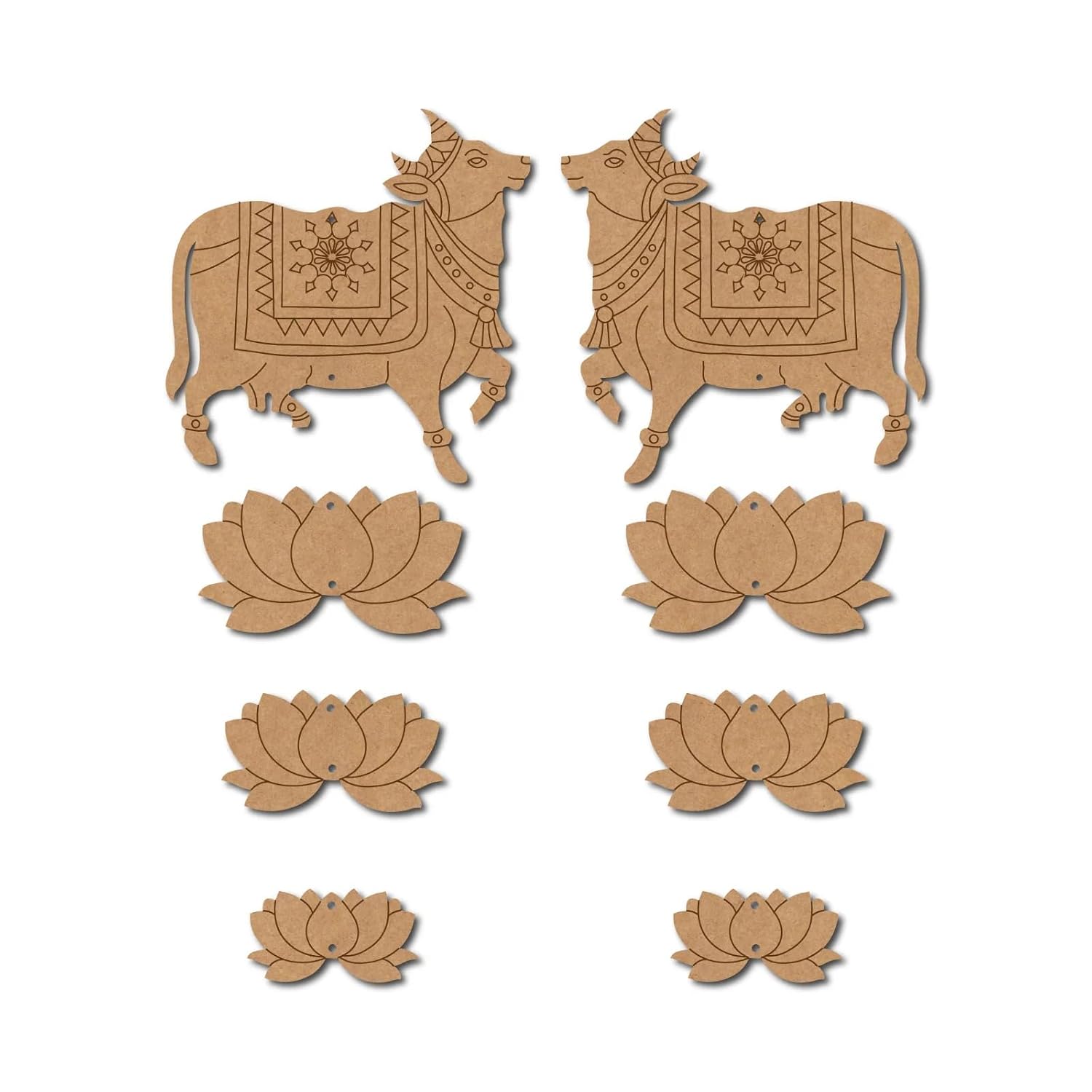 Set of decorative wooden pieces with bull and lotus designs on a white background