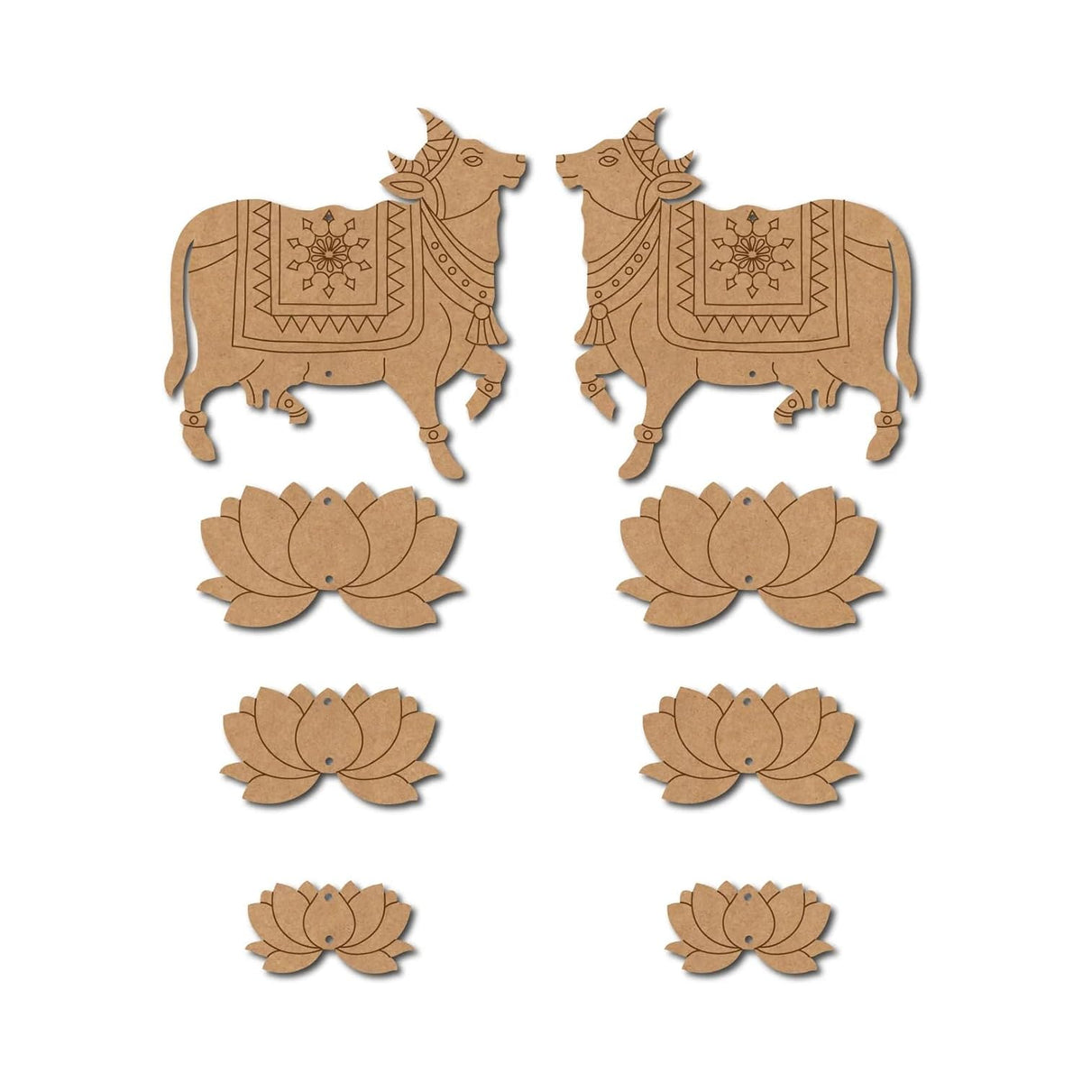 Set of decorative wooden pieces with bull and lotus designs on a white background