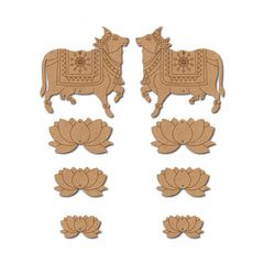 Set of decorative wooden pieces with bull and lotus designs on a white background
