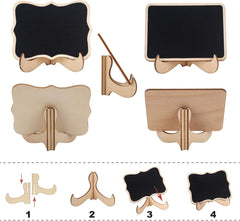 Set of wooden stands with black chalkboards on a white background