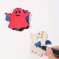 Colorful ghost-shaped wooden cutout with a hand holding a marker, on a white background