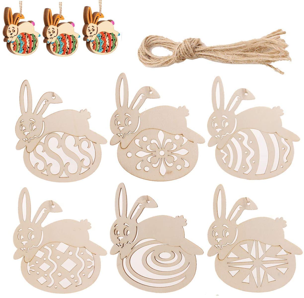 Set of wooden bunny-shaped ornaments with decorative elements on a white background