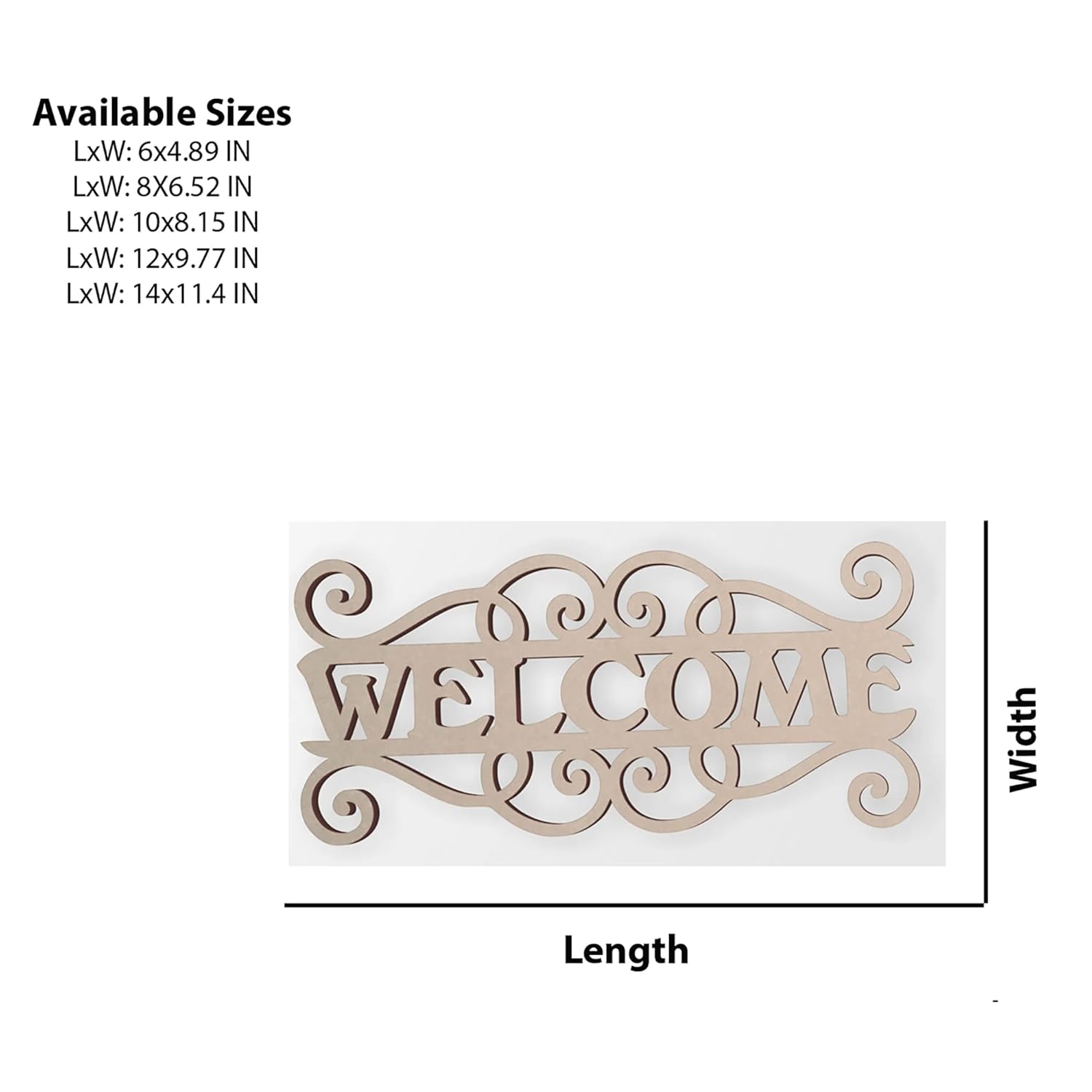 Wooden 'Welcome' sign with dimensions on a white background