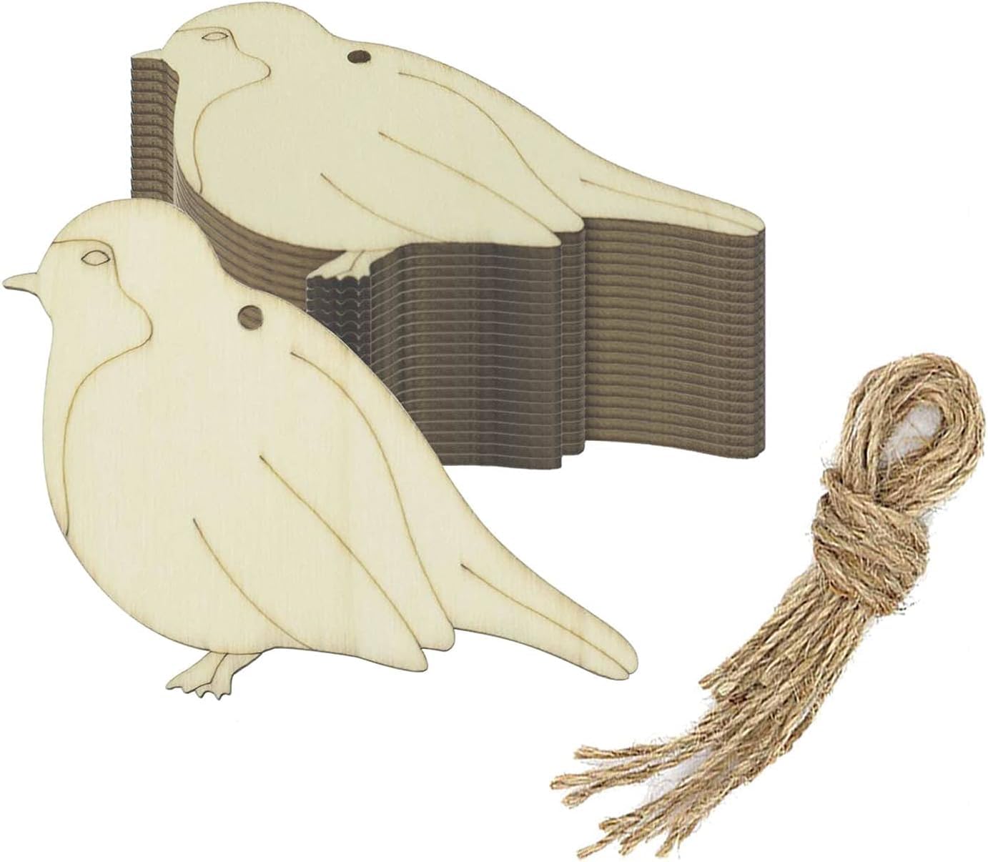 Two wooden dove-shaped decorations with a string on a white background