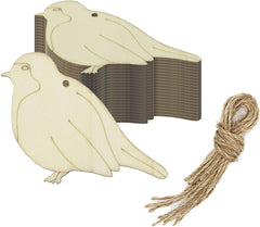Two wooden dove-shaped decorations with a string on a white background