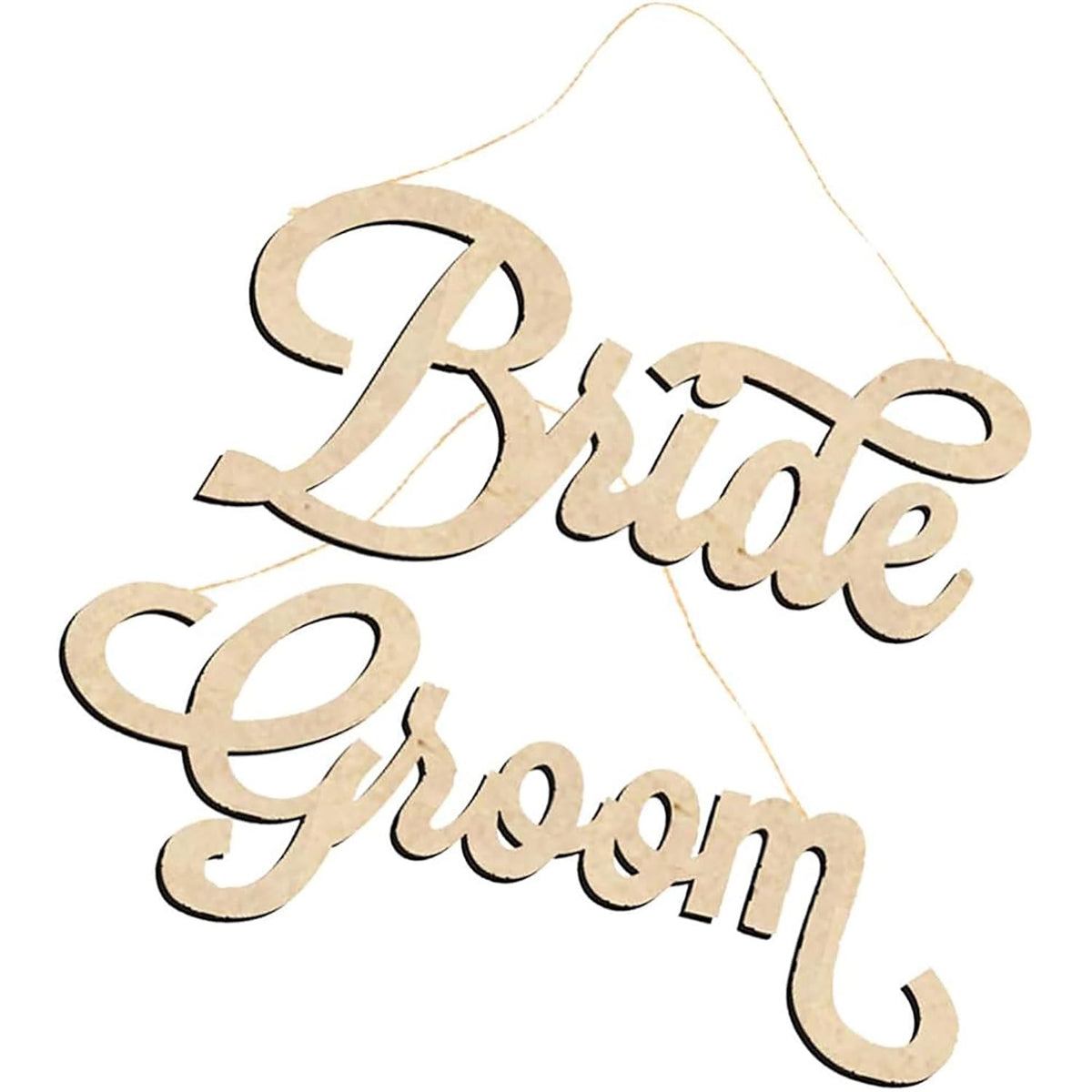 Wooden sign with 'Bride' and 'Groom' text on a white background