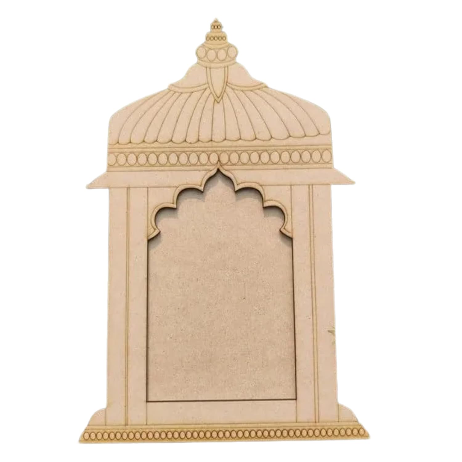 Decorative beige arch-shaped object with intricate detailing on a white background